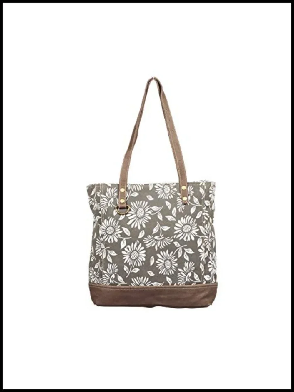 Genuine Leather and Canvas Floral Tote Bag with Sunflower Print, Handcrafted